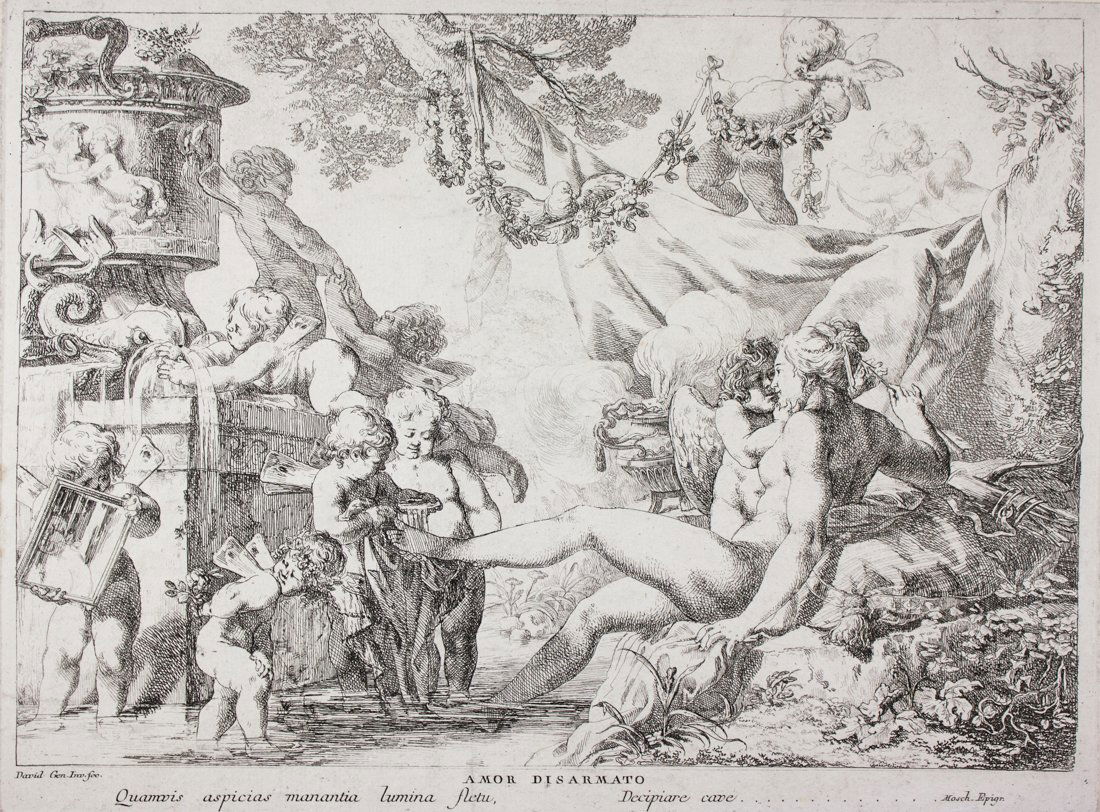 Amor disarmato.: Giovanni David , Amor disarmato. 1776 Acquaforte. mm 235x315. Foglio: mm 236x318. Newcome/Grasso, 124. Nel margine bianco in basso a sinistra "David Gen. Inv. fec.", al centro il titolo, e al di sott