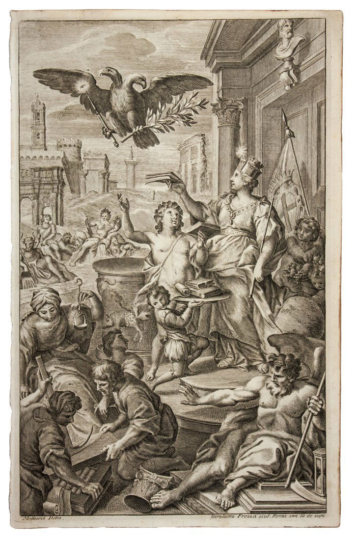 Scena allegorica.: Giovanni Girolamo Frezza , Scena allegorica. Acquaforte. mm 383x243. Foglio: mm 395x256. Da Agostino Masucci (Roma 1691 c. - 1758). Lotto di 2 fogli del medesimo soggetto in due stati diversi, uno ava
