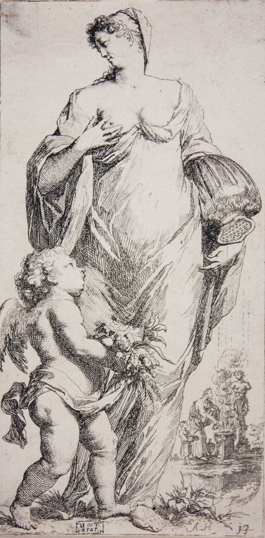 Personificazione della Natura.: Arnold Houbraken , Personificazione della Natura. 1710-1719. Bulino. mm 179x91. Hollstein (Dutch), 90. Monogrammato "A:H" in basso a destra con a seguire la sigla "J3". Al centro marchio di collezione