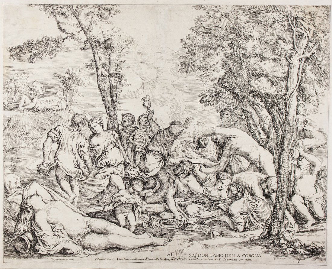 L'etÃ dell'oro.: Giovanni Andrea PodestÃ , L'etÃ dell'oro. Acquaforte. mm 315x392. Bartsch,7. TIB (Commentary).005 S2. Da Tiziano. Firmata in basso al centro sotto la dedica. Bellissima prova, stampata con segno