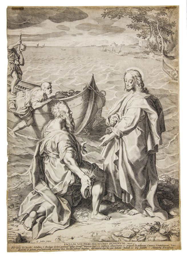 La chiamata di Sant'Andrea.: Aegidius Sadeler II , La chiamata di Sant'Andrea. 1594 Bulino. mm 530x375. Foglio: mm 535x377. Hollstein, 40. Nella composizione a sinistra "Federicus/Barocius Vrb./Inventor" e la firma "G. Sadeler Sc