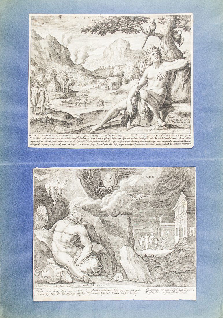 Lotto di quattro bulini.: Johannes I Sadeler , Lotto di quattro bulini. 1581-1582. Da Dirck Barendsz o Theodor Barendszoon (1534-1592). 1. Europa. mm 180x235. Firmata nella composizione in basso a sinistra. 2. America. mm 185x