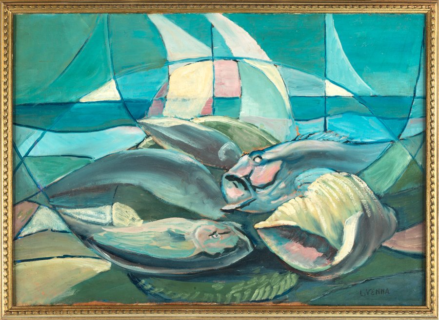 Natura morta con pesci.: Lucio Venna Landsmann , Natura morta con pesci. Olio su tela. cm 50x70. Firmato in basso a destra.