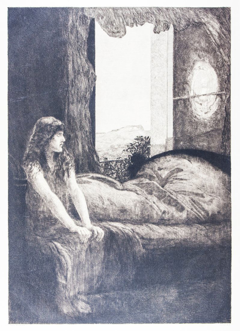 Erwaken.: Max Klinger , Erwaken. 1887 Acquaforte e bulino. mm 457x314. Foglio: mm 590x405. Singer 164. In basso ai lati: "Max Klinger - Opus X 8". Ottava tavola dal ciclo Eine Liebe, 1887. Esemplare appartenent