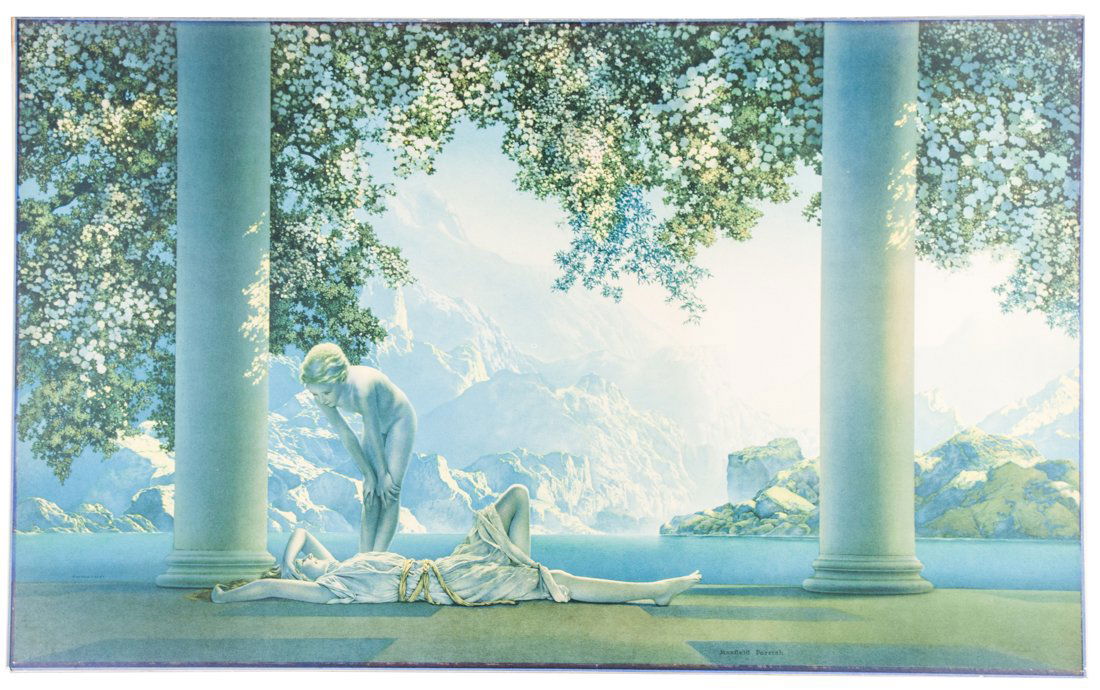 Daybreak.: Maxfield Parrish , Daybreak. 1922 Litografia a colori. mm 465x770. Daybreak è un dipinto di Maxfield Parrish realizzato nel 1922 da cui furono tratte riproduzioni litografiche che ne hanno fatta