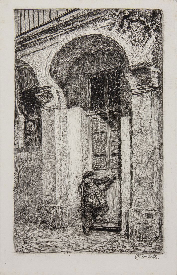Chiuso fuori.: Celestino Turletti , Chiuso fuori. 1874 Acquaforte su velina applicata. mm 142x95. Foglio: mm 430x325. Giubbini p. 286 n. 3. Firmata nella lastra in basso. Pubblicata nel I quaderno della società