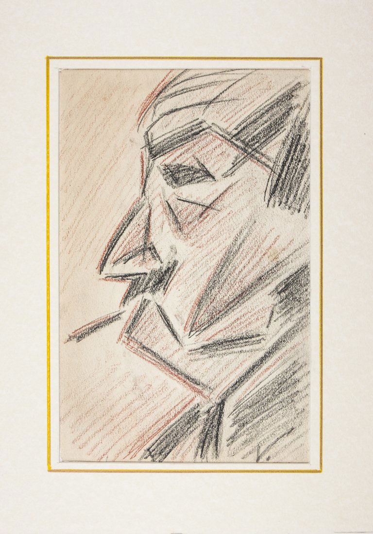 Ritratto di Filippo Tommaso Marinetti.: Lucio Venna Landsmann , Ritratto di Filippo Tommaso Marinetti. Matita nera e marrone su carta. mm 230x140. Siglato "V" in basso al centro. Titolato e firmato "Lucio Venna" a matita al verso dove compa