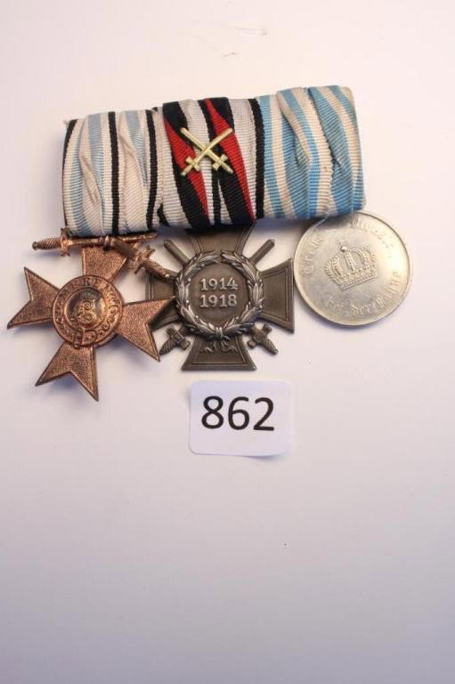 WWI- Imperial Germany- German Medal Bar Set- RARE: WWI- Imperial Germany- German Medal Bar Set with Bavarian Merit Cross (3rd class), Hidenburg Cross, Prussian 9 years service medal (Well Marked).