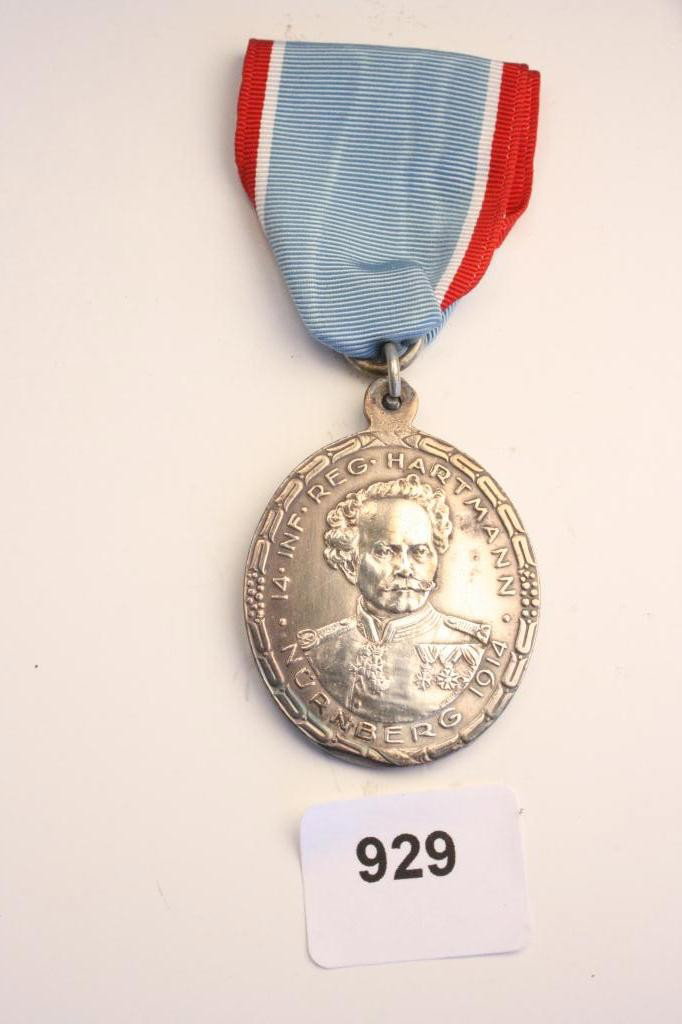 German- Bavarian- 14th Inf. Reg. Hartmann, silver: German- Bavarian- "14th Inf. Reg. Hartmann" - "Nurnberg 1914," 1814-1914, Silver with ribbon (baby blue, white, and red).