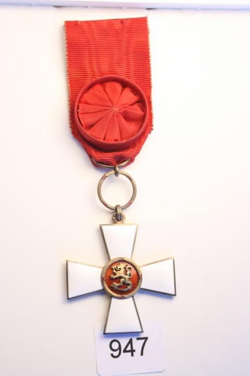 unknown- white enamel and silver cross with red..: unknown- white enamel and silver cross with red ribbon and rosette