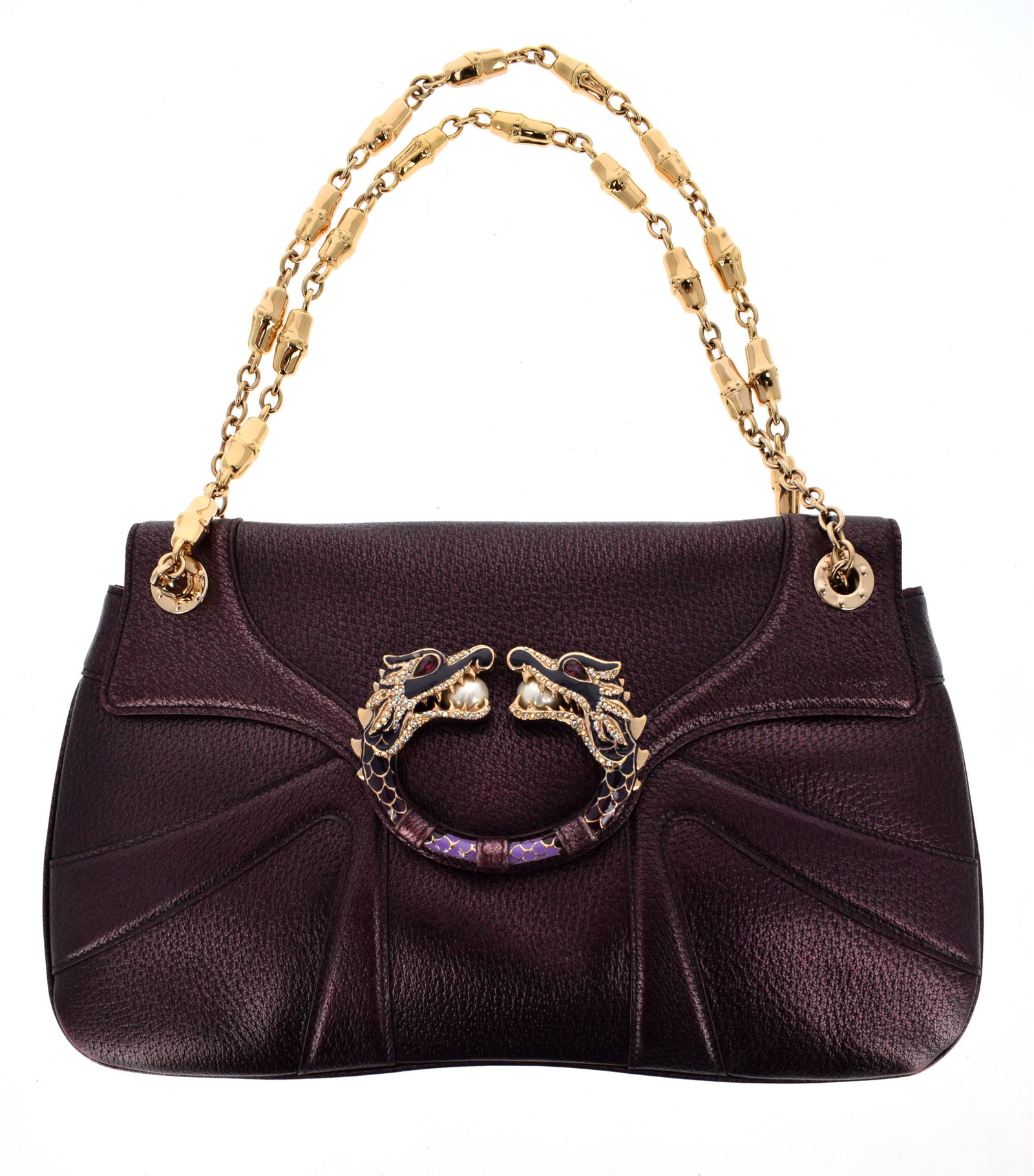 GUCCI par Tom FORD - 2000's "Collection Dragon": Sac en porc métallisé aubergine, garnitures métal doréDim : 33 x 20 cm Très bon état (minuscule patine aux coins)