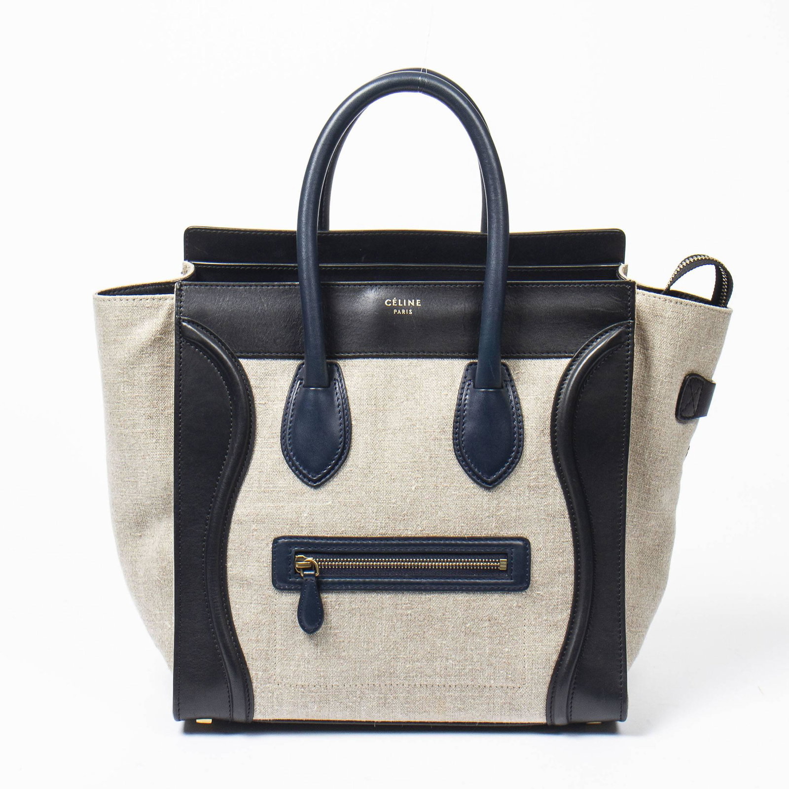 CÉLINE Tote "Luggage" MM - "Luggage" MM tote: Toile avoine, cuir lisse noir et bleu pétroleGarnitures métal doré30 x 30 x 16 cmExcellent état (minuscules marques sur cuir)Oatmeal canvas, black and blue oil smooth leatherGold m