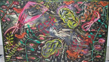 Roberto Juarez: Black Birds, Brain & Bows Acrylic on canvas, 1981 Provenance: Robert Miller Gallery, New York, NY, tag on verso 67 1/2 x 112 1/2 inches