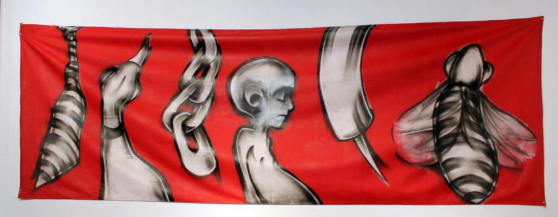 Barry McGee: Barry McGee (born 1966) Untitled, c. 1990 Spray paint on banner Unsigned 48 x 140 inches