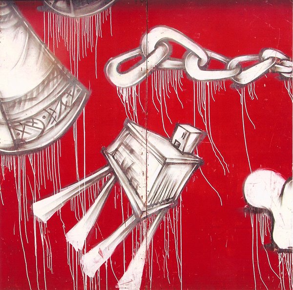 Barry McGee: Untitled, 1991 Spray paint on wood Unsigned Provenance: Commissioned by Yerba Buena Center for the Arts for Construction fence, San Francisco, CA; Gifted to Lamont Gardner Image: 96 x 96 inches