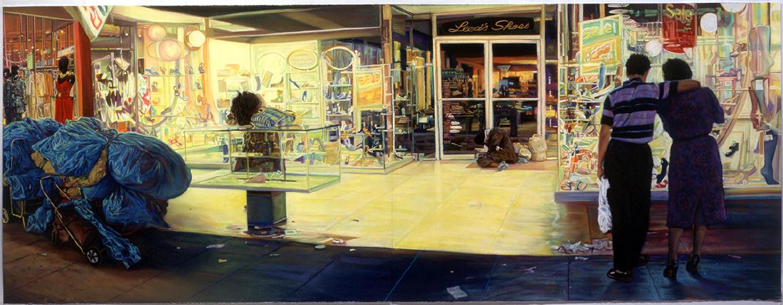 John Valadez (Born 1951): John Valadez (Born 1951) Leedâ€™s Shoes, 2004 Pastel on paper Image: 38 x 100 inches; Framed: 41.5 x 104 inches Provenance: Acquired by present owner from The Dennis Hopper Collection, Los Angele