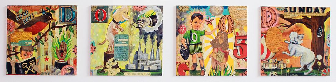 The Clayton Brothers (1996-2016): The Clayton Brothers (1996-2016) Good Boy Carl Mixed media collage on four panels Signed on fourth panel Image: 10 x 10.5 inches, each; Framed: 21.5 x 58.5 inches