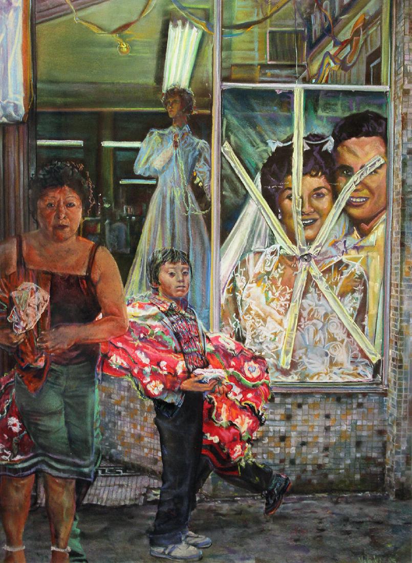 John Valadez (Born 1951): John Valadez (Born 1951) Victor Clothing Company Wedding Shop, 1985 Pastel on paper Signed and dated on recto Image: 29.5 x 21.5 inches; Framed: 43 x 35 inches