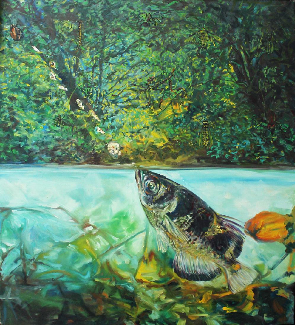 John Valadez (Born 1951): John Valadez (Born 1951) Untitled (Fish), c. 1980 Oil on canvas Image: 63 x 56.75 inches; Framed: 64.5 x 58.5 inches