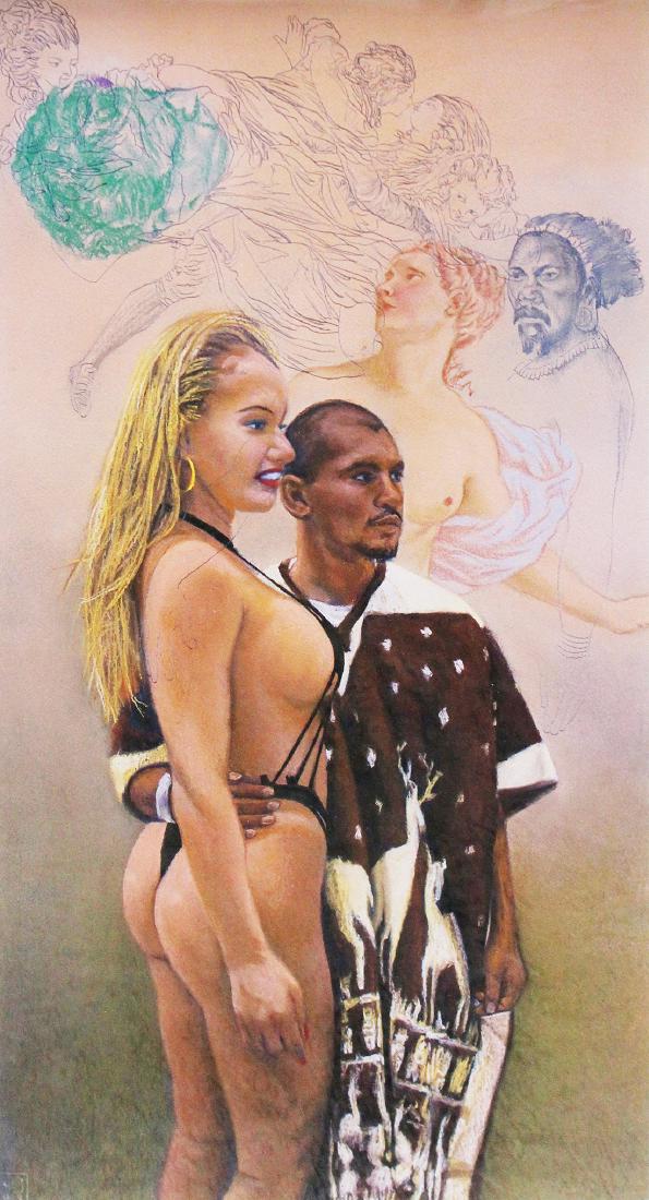 John Valadez (Born 1951): John Valadez (Born 1951) Serape and Strings, 2001 Archival pigment print From the numbered edition of 16 Sheet: 31.5 x 17 inches; Framed: 37 x 22.5 inches Published by Modern Multiples, Los Angeles