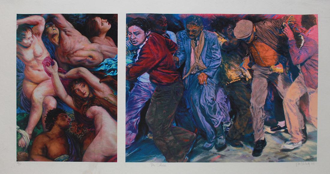 John Valadez Lot of Two (Born 1951): John Valadez Lot of Two (Born 1951) The Chase, 1999 Lithograph Artist Proof Image: 15 x 29.75 inches; Sheet: 19 x 35 inches; Framed: 21.5 x 37.5 inches Untitled, 2001 Lithograph From the numbered edit