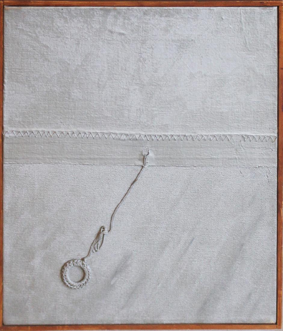 Robert Moskowitz (1935-2001: Robert Moskowitz (1935-2001) Untitled, 1962 Aluminum paint and collage on canvas Signed and dated in ink on recto Image: 15 x 13 inches; Framed: 22 x 20 inches Provenance: Leo Castelli Gallery, New Yo