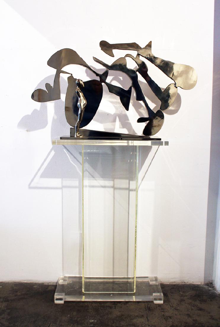 Ernest Trova (1927-2009): Ernest Trova (1927-2009) FM/Etc. #10, 1978 Unique bronze figure with steel landscape and highpolished nickel plating Stamped signature with date on base Sculpture: 20.5 x 35 x 7 inches; Pedestal: 36 x