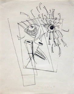 George Condo (Born 1957): George Condo (Born 1957) Face II, 1982 Ink on paper Signed and dated on recto Sheet: 11.5 x 9 inches; Framed: 17.75 x 14.75 inches Provenance: Turskey & Whitney Gallery, Los Angeles, CA, tag on verso