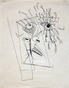 George Condo (Born 1957): George Condo(Born 1957)Face II, 1982Ink on paperSigned and dated on rectoSheet: 11.5 x 9 inches; Framed: 17.75 x 14.75 inchesProvenance: Turskey & Whitney Gallery, Los Angeles, CA, tag on verso