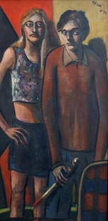 John Mellencamp (Born 1951): John Mellencamp (Born 1951) Happy Couple, 1991/92 Oil on canvas Signed and dated on recto Image: 35 x 17 inches; Framed: 41.5 x 23.5 inches