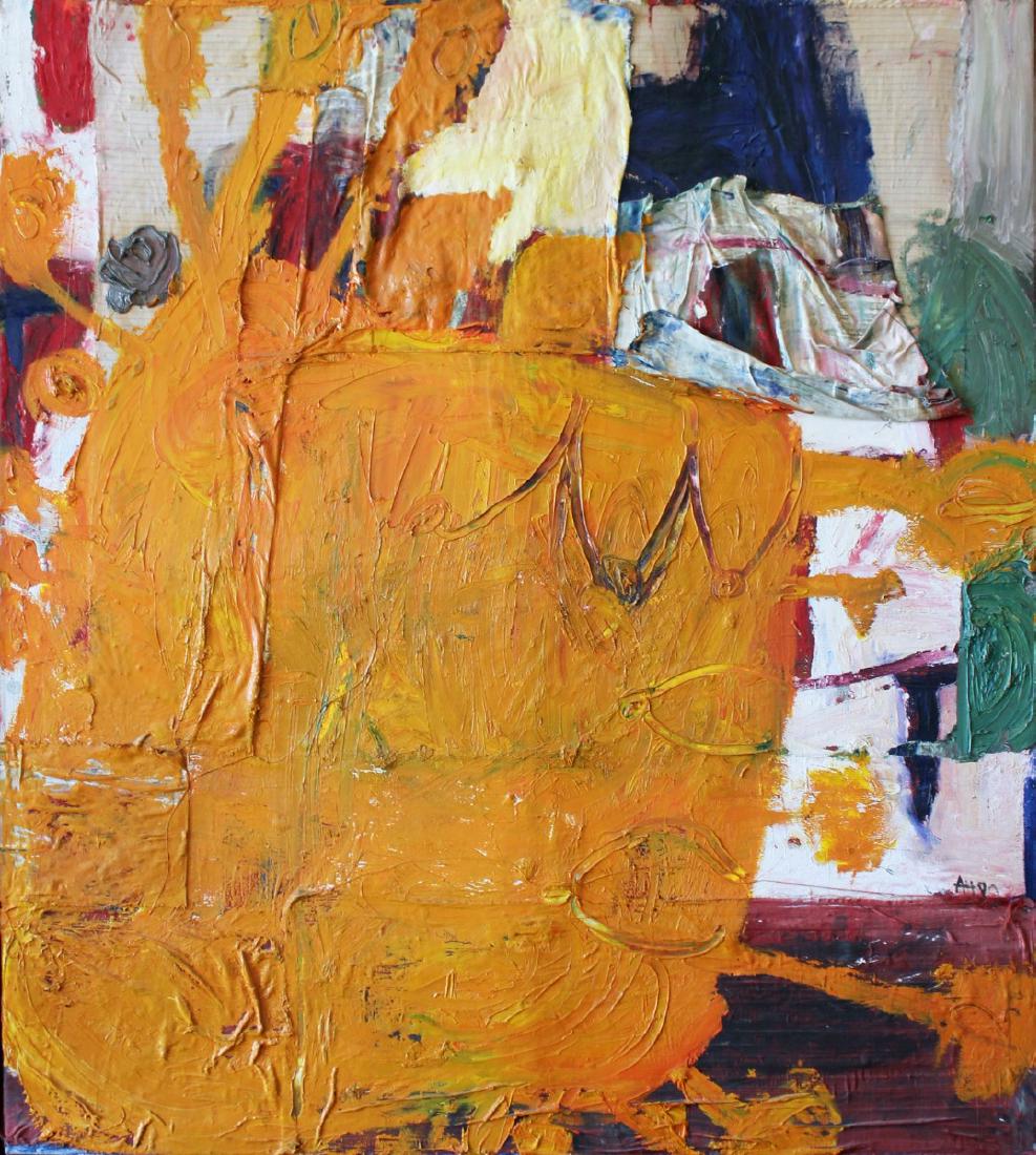Anton Henning (Born 1964): Anton Henning (Born 1964) Portrait of a Big Mama, 1990 Mixed media, collage, oil on linen Initialed and dated in oil on recto Image: 55 x 49 inches; Framed: 62.5 x 56.5 inches Provenance: Vrej Baghoom