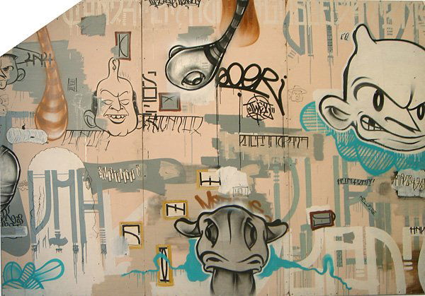 Barry McGee (Twist) and Joe Cariati (Soer) Untitle: Untitled Three Panel tryptich, 1995 3 Panel triptych Acrylic on particle-board Signed by McGee with his tag “Twist” on verso Image: 4 x 8 feet each
