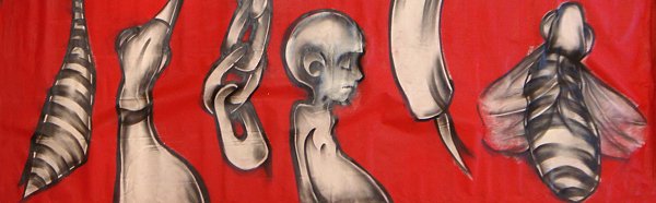 Barry McGee Lot of Two: Untitled (Bee); Untitled (Bottle), c. 1990 Each mixed media on canvas Image: Each 48 x 144 inches