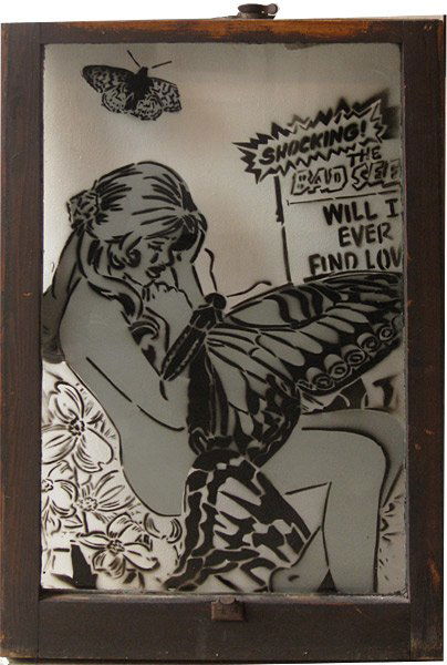 FAILE Butterfly Girl: 2005 Spraypaint and acrylic on reclaimed windowpane Image: 32.5 x 19.5 inches; Framed: 37.5 x 24 inches