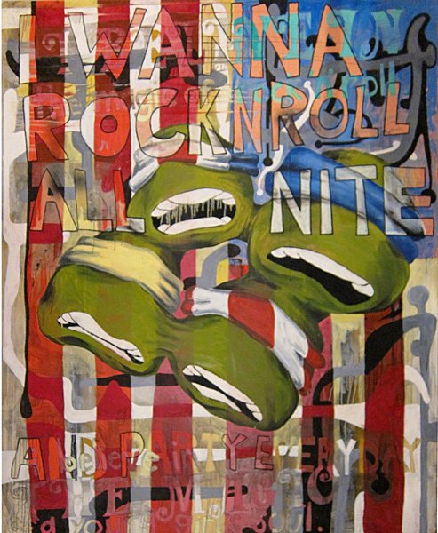 072: Jore Felice I Wanna Rock ‘n Roll All Nite, 1992: Acrylic on canvas Note: Jore Felice was assistant to Martin Kippenberger Provenance: Alan Power, Venice, CA Image: 94.5 x 79 inches