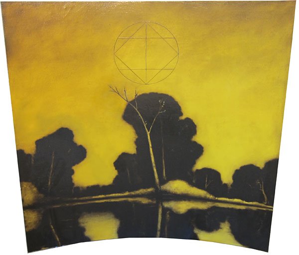 029A: Brad Durham, Untitled, 1990: Oil on stretched canvas on board Signed and dated on verso image: 58 x 56 x 11 inches