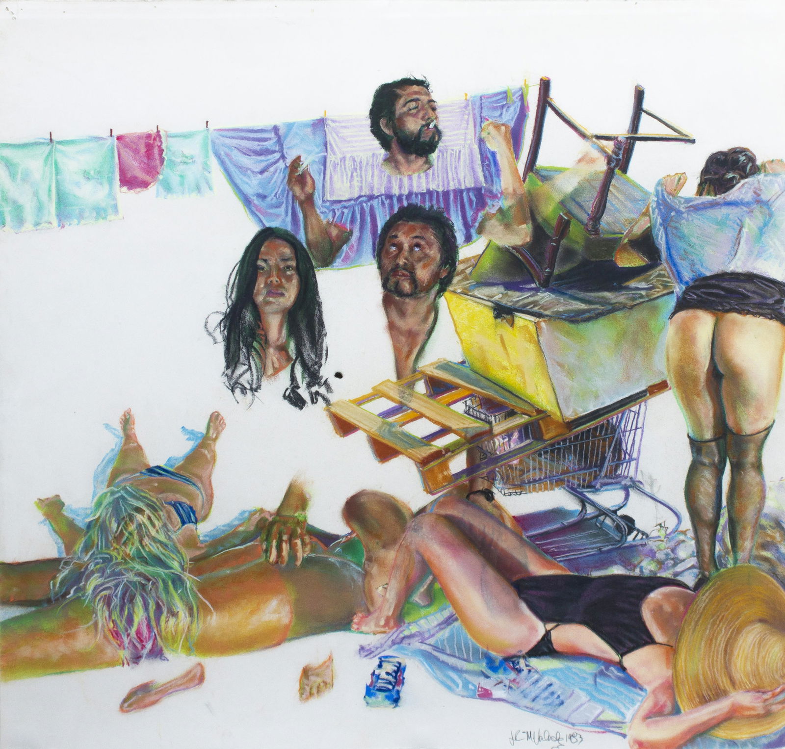 John Valadez (Born 1951) "Untitled (Homage to Carlos Almaraz)," 1983: Pastel on paper Signed and dated in pencil on recto Sheet: 21 x 22 inches; Framed: 25.75 x 27 inches