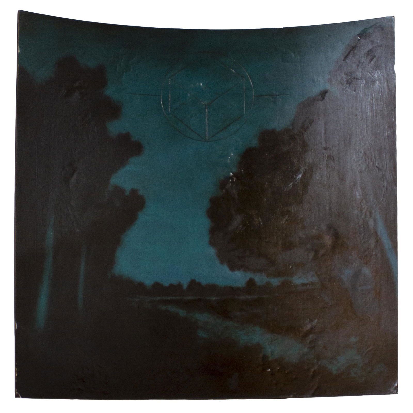 Brad Durham (Born 1952) "Source of Motion," 1989: Oil on etched lead on wood 47 x 46 x 9 inches