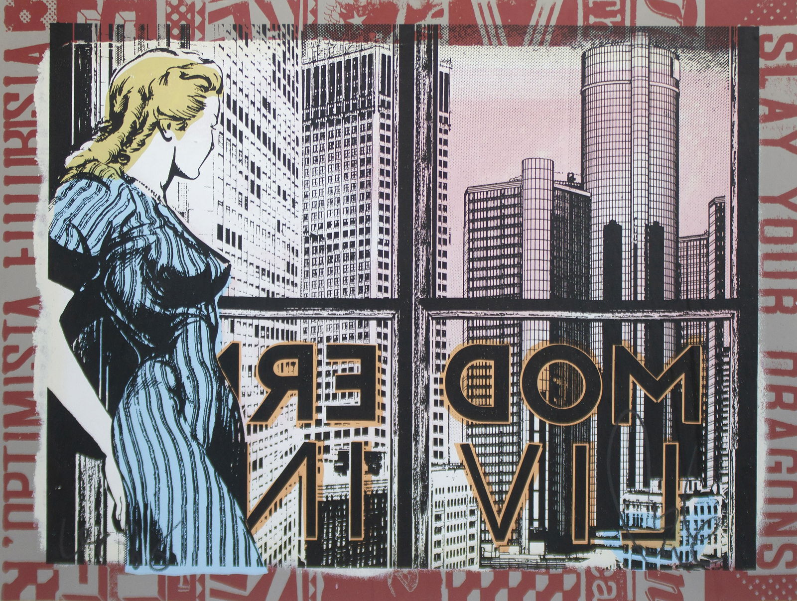 FAILE (Born 1975) "Modern Living," 2018: Acrylic and silkscreen on archival paper From the numbered edition of 250 Signed in pencil on recto Sheet: 18.875 x 25 inches; Framed: 23.625 x 29.75 inches