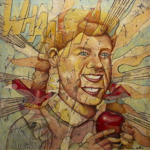 Bill Barminski (Born 1962) "Exploding Sex 4 Whiter Smiles," 1992: Mixed media on canvas Signed on recto Signed, dated, titled and inscribed on verso Provenance: Charles Breen Image: 36 x 36 inches; Framed: 43 x 43 inches
