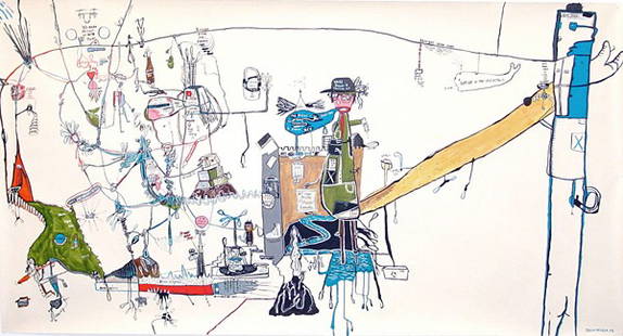 069: Jason McLean, Outside in the Cold Distance, 2003 : Ink and watercolor on paper Signed, titled and dated in ink on recto Provenance: Richard Heller Gallery, Santa Monica, CA Image: 42 x 79 inches; Framed: 52 x 89 inches