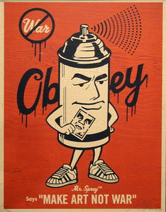 035A: Shepard Fairey, Mr. Spray, 2004: Silkscreen on wood panel Numbered 2/2 Signed, dated and numbered on verso and recto Provenance: Lab 101 Gallery, Culver City, CA Image: 24.75 x 18.75 inches