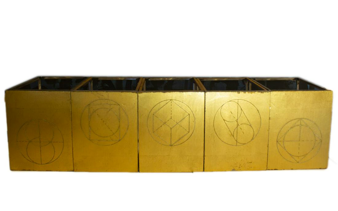 Brad Durham (1952) Resolution #2, 1989: Brad Durham (1952) Resolution #2, 1989 Oil paint on gold leaf on etched ½ inch lead, all on 5 welded steel frames Signed, numbered, dated on verso Provenance: Estate of Harlan Lee Each: 7 x 5 &