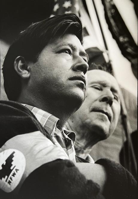 Jim Marshall (1936-2010) Cesar Chavez , 1965: Gelatin Silver Print Signed on recto and stamped on verso Inspiration and reference for Shepard Fairey piece in 2016 14 x 11 inches