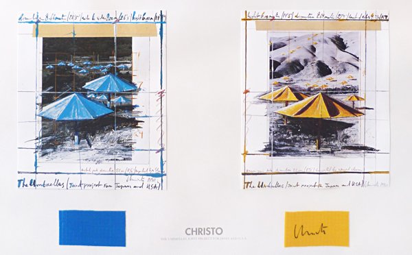 Christo & Jeanne-Claude The Umbrellas, Joint Proje: for Japan and U.S.A., 1991 Offset lithograph in colors and collage with fabric samples From an edition of 600 Signed and dated by Christo in pencil on recto Image: 27 x 38.5 inches; Framed: 30 x 42 in