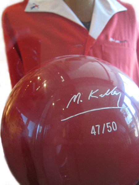 Mike Kelley, Bowling Ball, nylon case and shirt, 1: Numbered: 47/50 Bowling ball printed w/ signature and edition number; shirt embroidered "Mike Kelley"