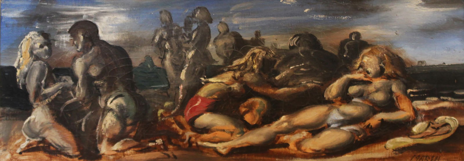 Reginald Marsh: Reginald Marsh Untitled, circa. 1935 Oil on canvas Signed on recto Image: 7 3/4 x 19.5 inches Frame: 11.5 x 23 inches