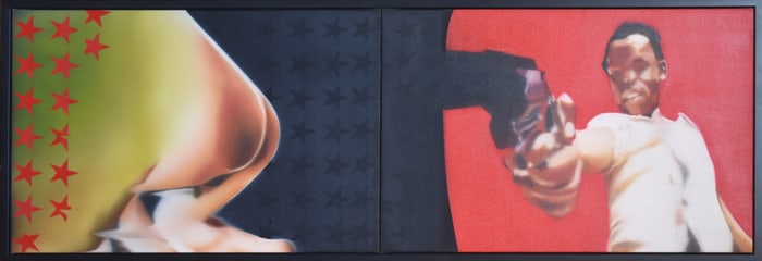 Riyas Komu:Shooting at a flag (diptych), 2004