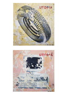Bill Barminski: LOT OF 2: LOT OF 2 Bill Barminski (1962) Culture Industry Number 31 or The Future That Was, 1992 Enamel on canvas Signed on recto Dimensions: 36 x 36 in Bill Barminski (1962) Utopia, 1992 Enamel on canvas
