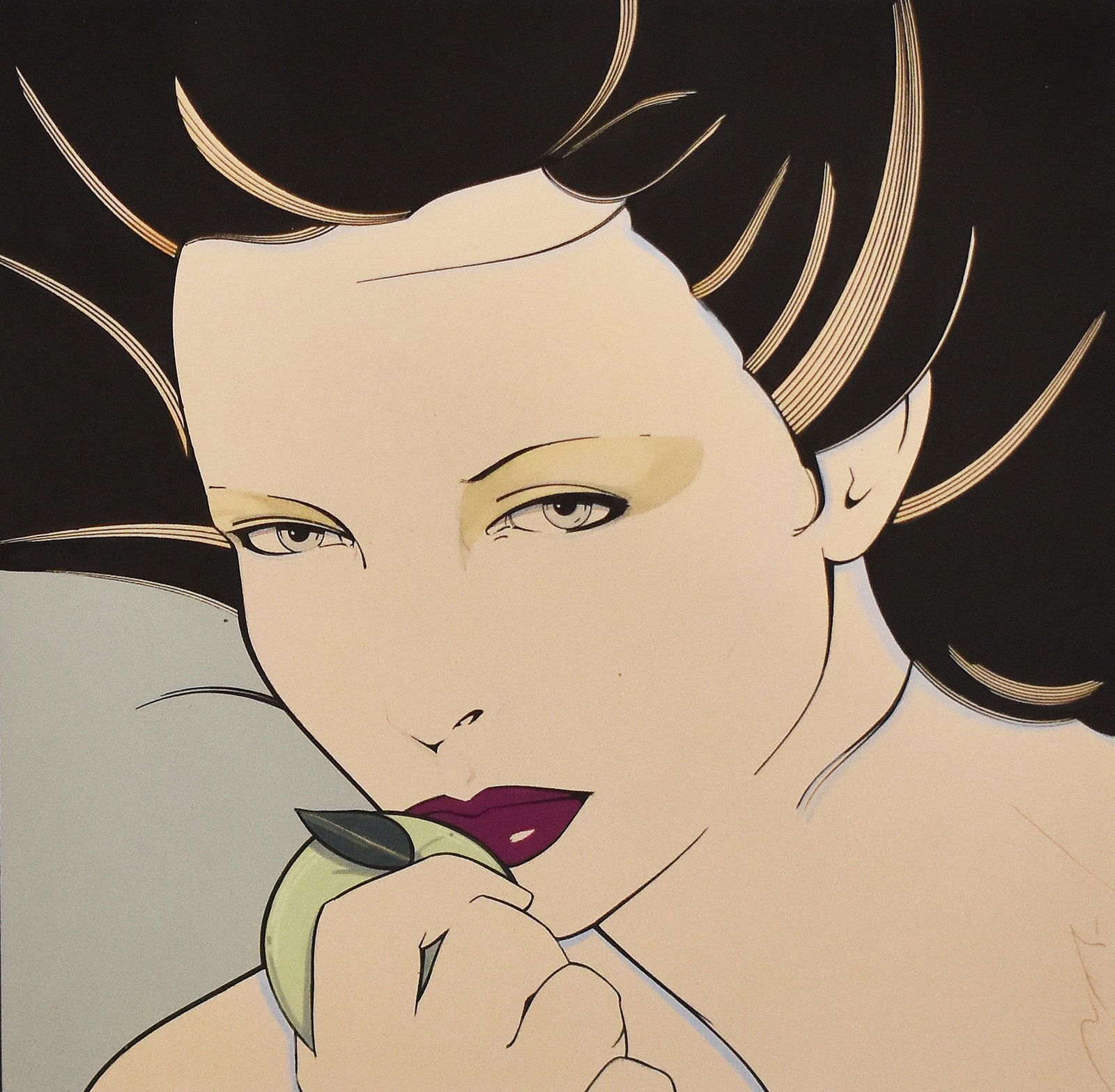 Patrick Nagel (1945-1984): Untitled (Pomo Tierra), c. Late 1970's: Patrick Nagel (1945-1984) Untitled (Pomo Tierra), c. Late 1970's Painting on wood board Signed on recto An ad created for Pomo Tierra apple company, previously owned by consignor Image: 10.75 x 10.75